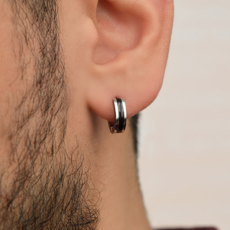Men's Steel Hoop Earrings in Black and Silver Colour