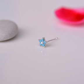 Silver Stone Firuze Blue Coloured Flower Nose Pin