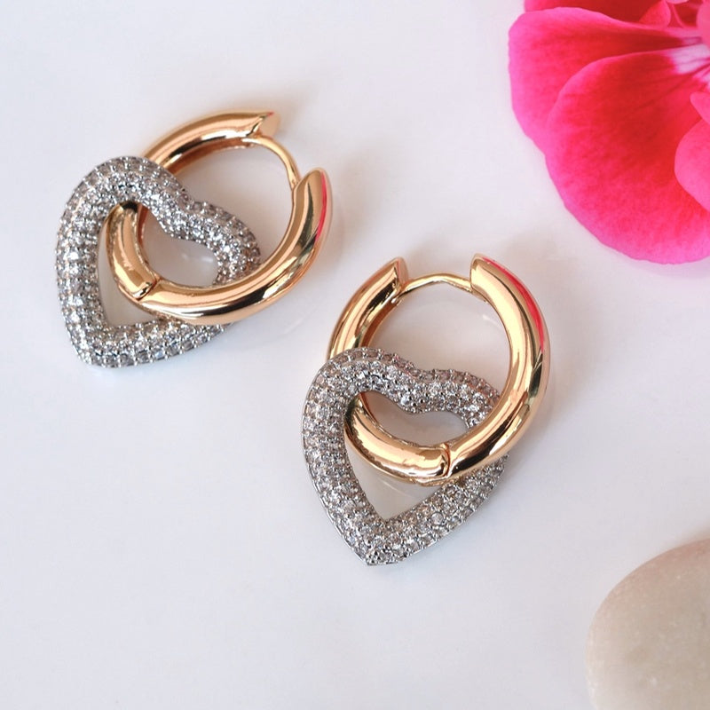 Heart Charm Curved Hoop Earrings Dangle Earrings Drop Earrings with Zircon Stone