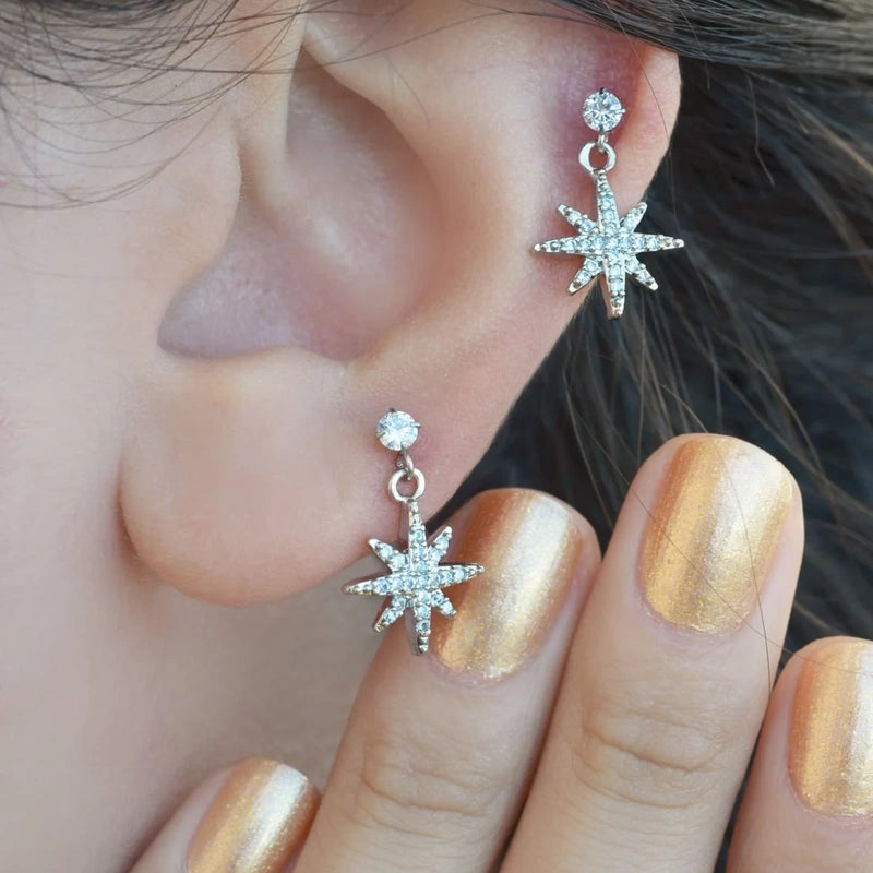 Polar Star Earring Dangle Earrings  Dangle Piercing,  Dangle Stars Charm Earrings Piercing Helix Cartilage Silver Colour