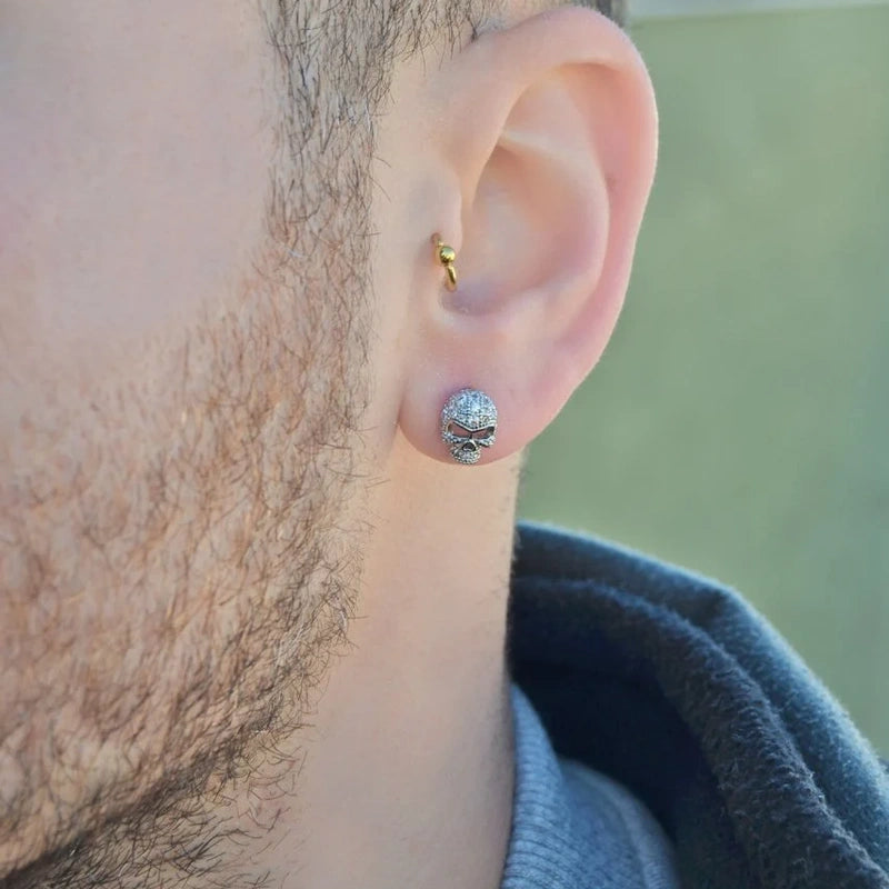 Skull Mens Earrings Zircon Stone, Silver Colour Mens Earring Male  Huggie Antique Thumb Vintage