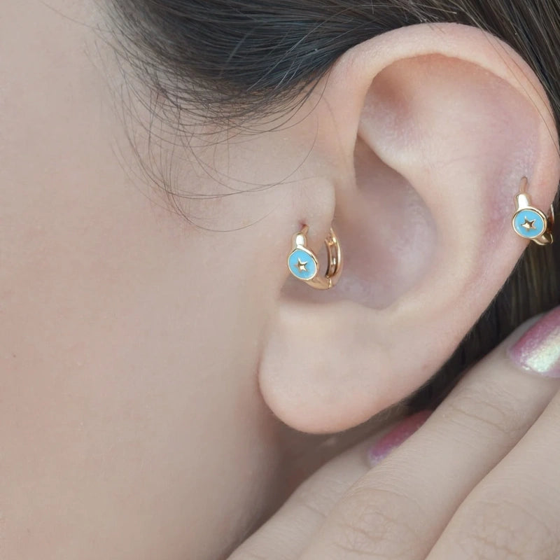 Steel Blue Earring, Star Earrings, Mini Ring,  Hoop Earrings, Star Piercing, Tragus Piercing Helix Cartilage Earring ,Gift For Her