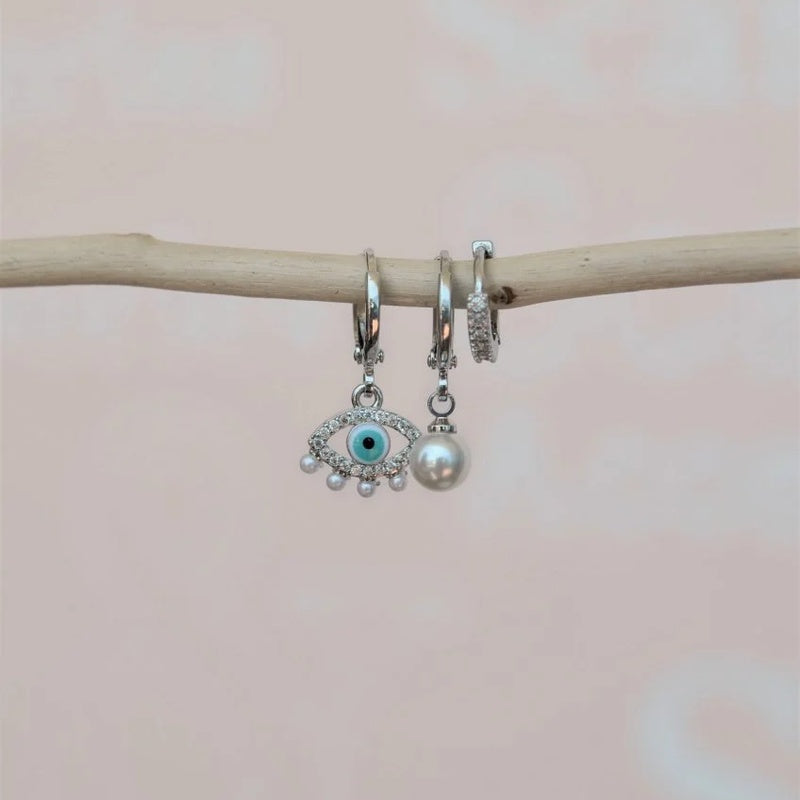 Evil Eye Triple Dangle Earrings Drop Earrings Earring  Set 3 Of Set Triple Set Silver Coloured