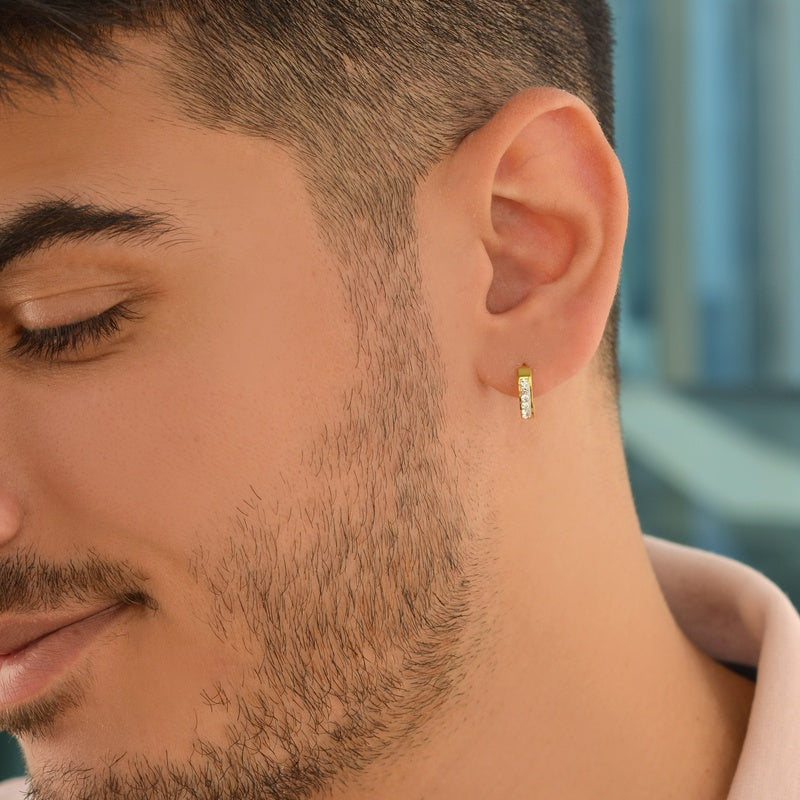 Mens Stoned Steel Hoop Earrings Gold and Silver Colour