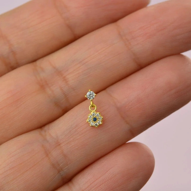 925 Sterling Silver Evil Eye Flower Dangle Nose Piercing, Nose Stud, Tiny Nose Studs,  Nose Pin, Nose Pins, Gift for Her