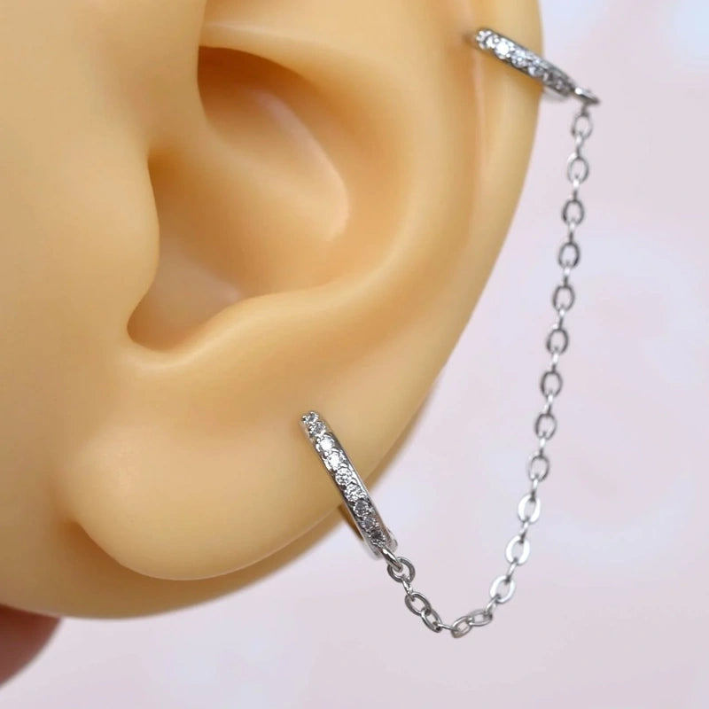 Ear Chain, Chain Earring, Hoop Earrings, Helix Chain, Model Ring Piercing Double Linked Gold Silver