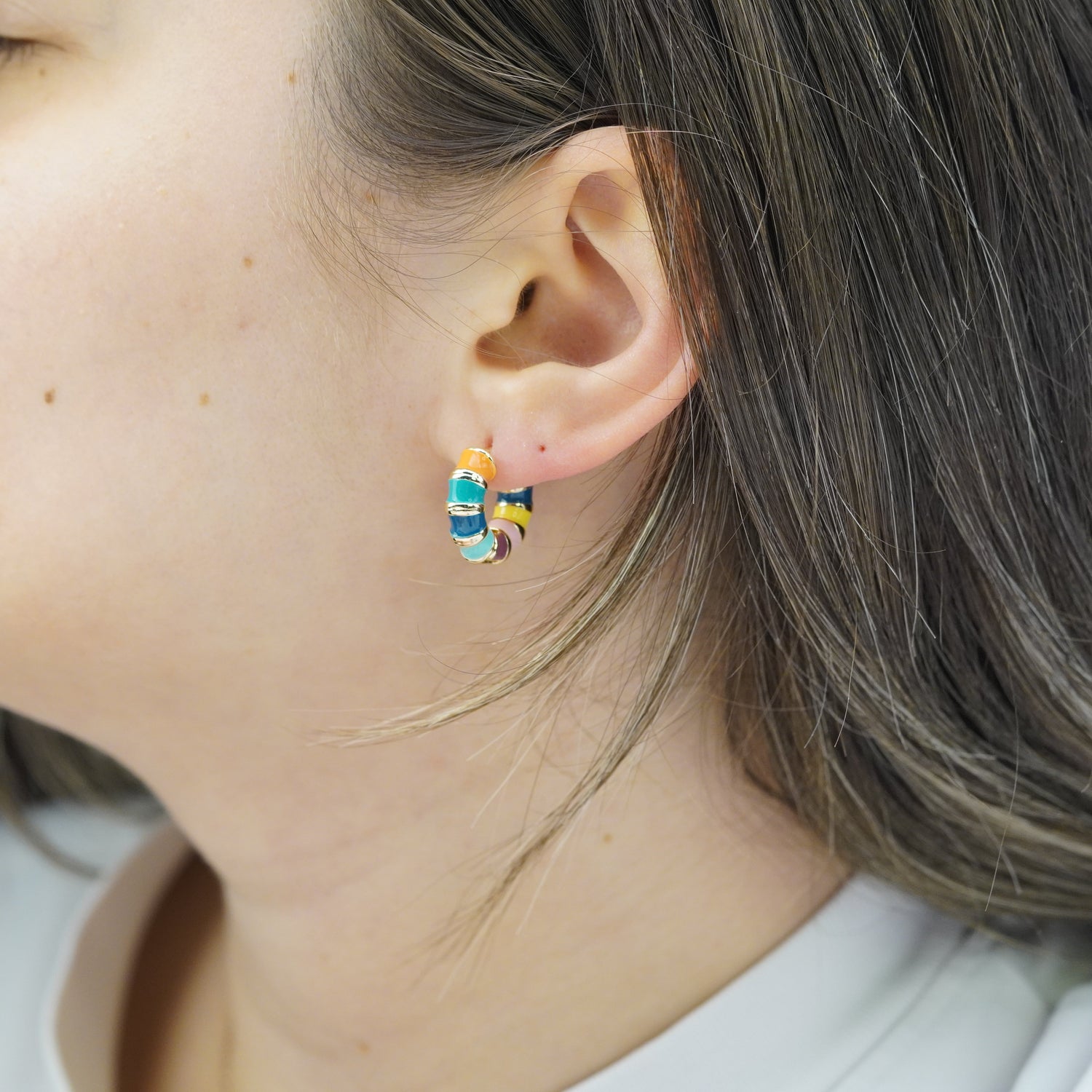 Curved Steel Hoop Earrings with Coloured Enamel in Gold and Silver