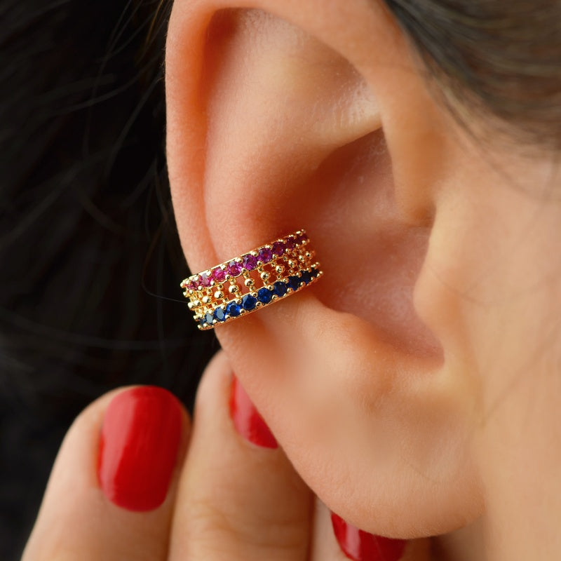 Ear Cuff Compression Earring with Coloured Stones Gold and Silver  Colour