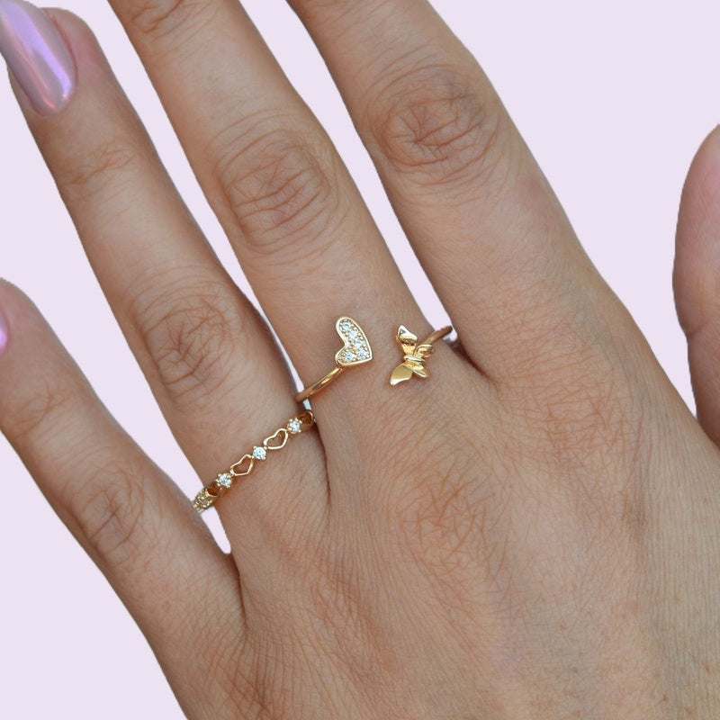 2 Of Set Ring, Heart and Butterfly Twin Ring, Ring set, Adjustable Ring, Stacking Ring, Knuckle Ring, Vintage Ring,  Gold  Silver