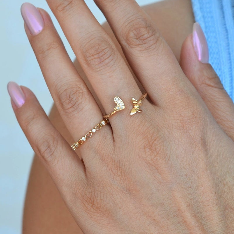 2 Of Set Ring, Heart and Butterfly Twin Ring, Ring set, Adjustable Ring, Stacking Ring, Knuckle Ring, Vintage Ring,  Gold  Silver