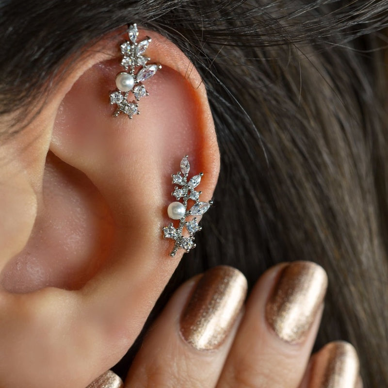 Leaf Earring With Pearls  For Cartilage Leaf Earrings Cartilage Earrings Leaf Piercing Single Gold Earrings Silver Earrings