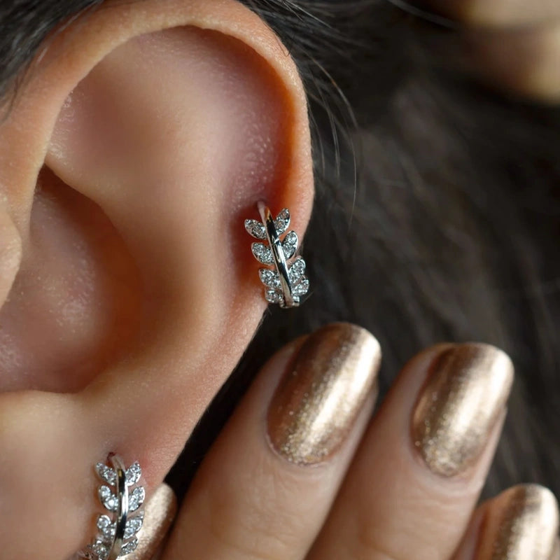Leaf  Earrings, Spring  Earrings, Leaf Piercing Helix  Piercing, Cartilage Nature, Gift For Her, Silver