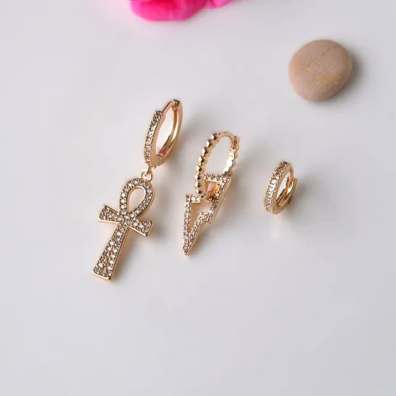 Life Symbol Figurine Earring Set 3 Piece Dangle Earrings Drop Earrings Lightning Bolt and Cross Earring Set