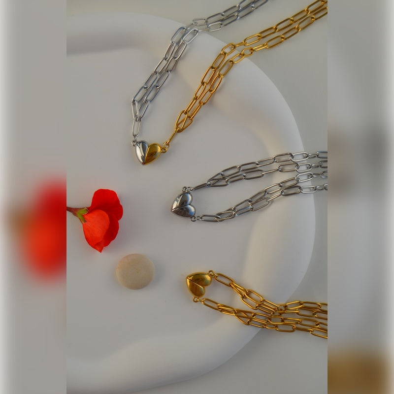 Matching  Heart Magnetic Couple Necklace, Best Friend, Partner Necklace,Pendant Necklace, Couple Jewelry, Chain Necklace Gold Silver