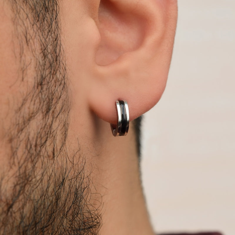 Mens Steel Hoop Earring Black and Silver Mens Earring Mens Earrings