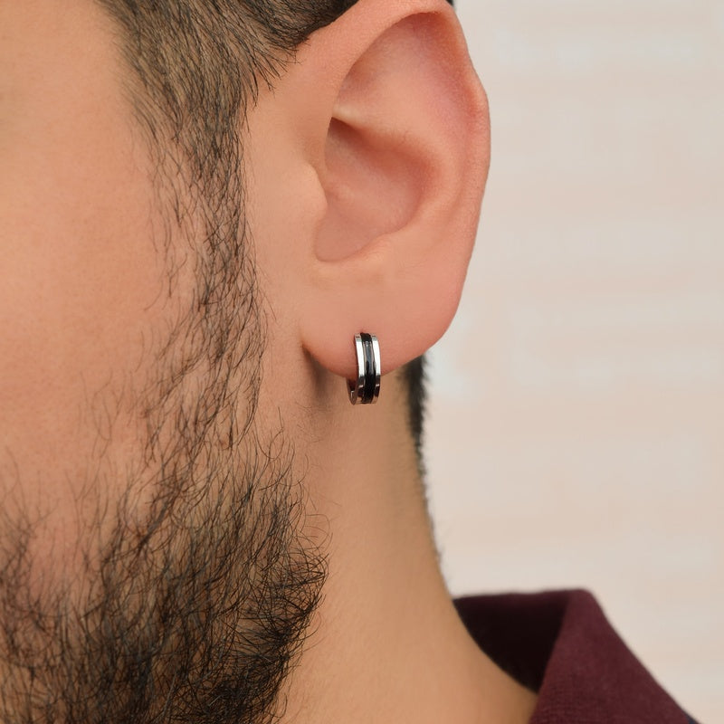Mens Steel Hoop Earring Black and Silver Mens Earring Mens Earrings
