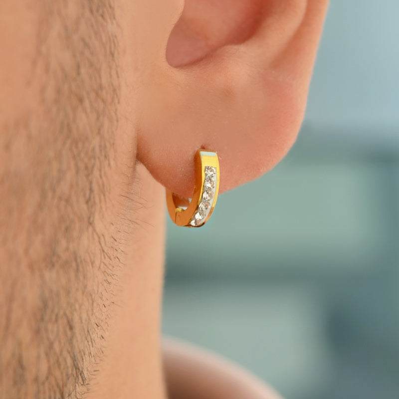 Mens Stoned Steel Hoop Earrings  Gold and Silver  Colour
