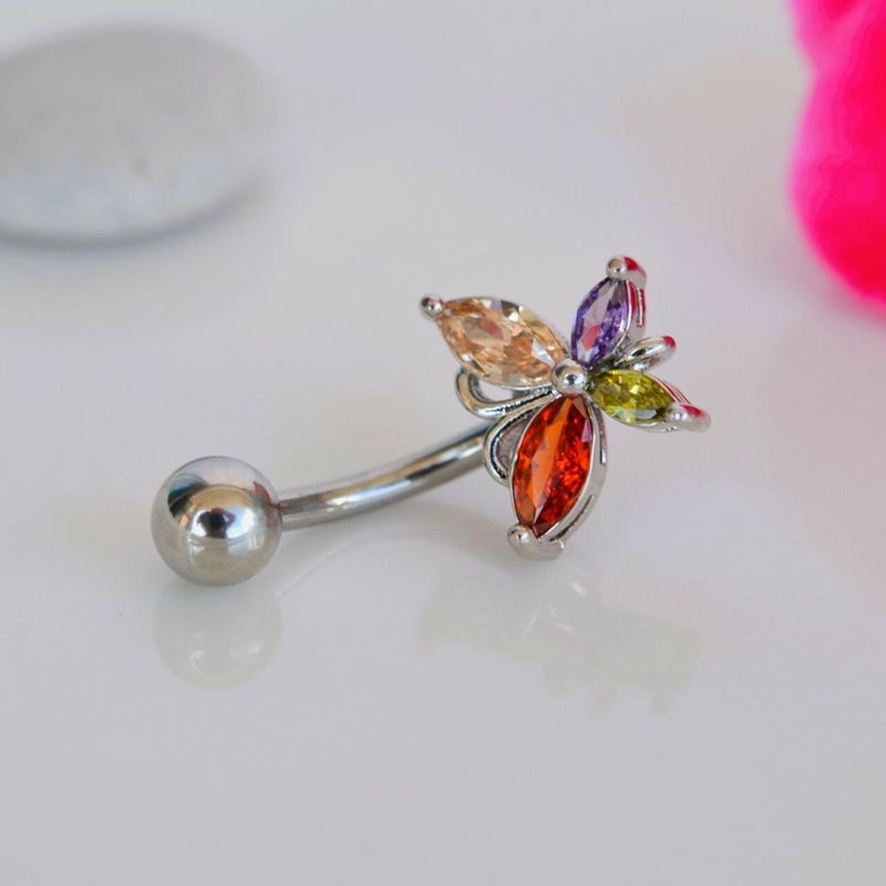 Steel Butterfly  Belly Bar, Belly Piercing, Colorful Belly, Navel Piercing, Navel Bar, Birthstone Piercing  Silver Color