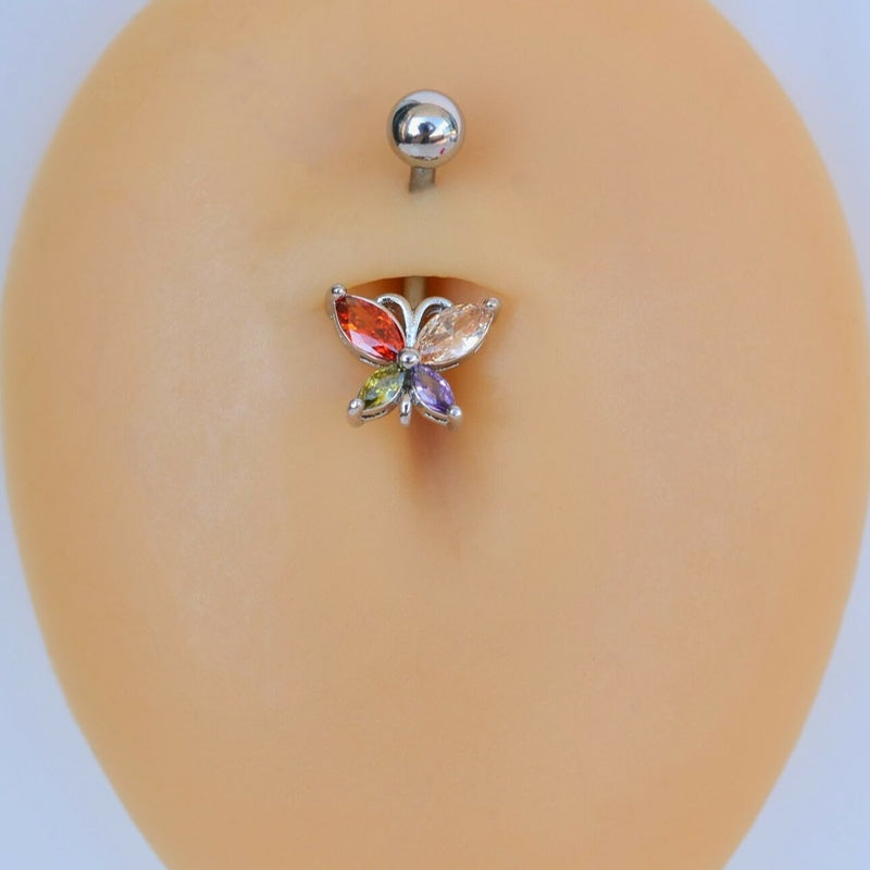 Steel Butterfly  Belly Bar, Belly Piercing, Colorful Belly, Navel Piercing, Navel Bar, Birthstone Piercing  Silver Color