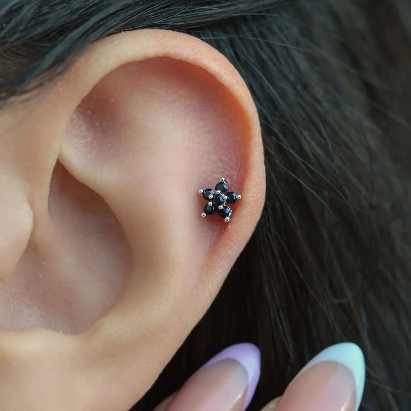 Black Flower Earring, Flower Earrings, Silver Color, Stud Earrings, Steel Earrings, Helix Stud Piercing Cartilage Lobe