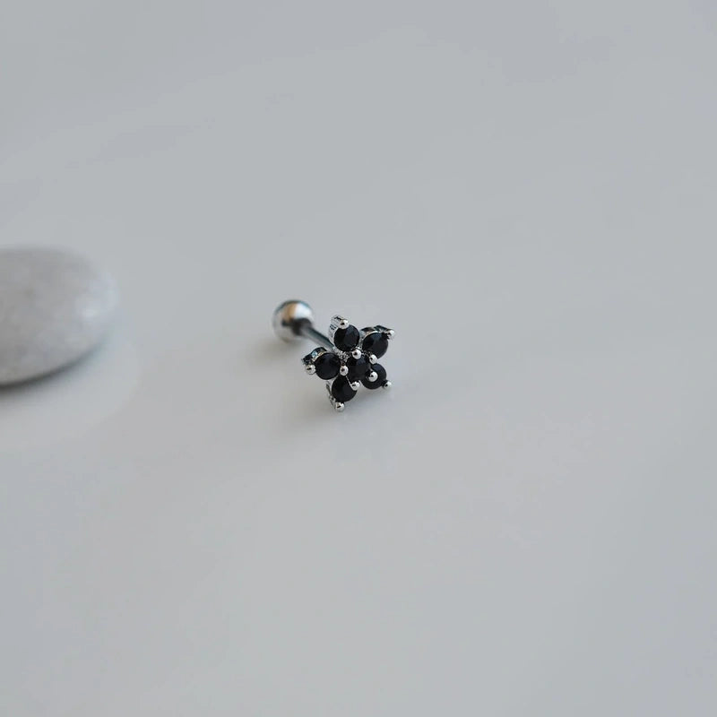Black Flower Earring, Flower Earrings, Silver Color, Stud Earrings, Steel Earrings, Helix Stud Piercing Cartilage Lobe