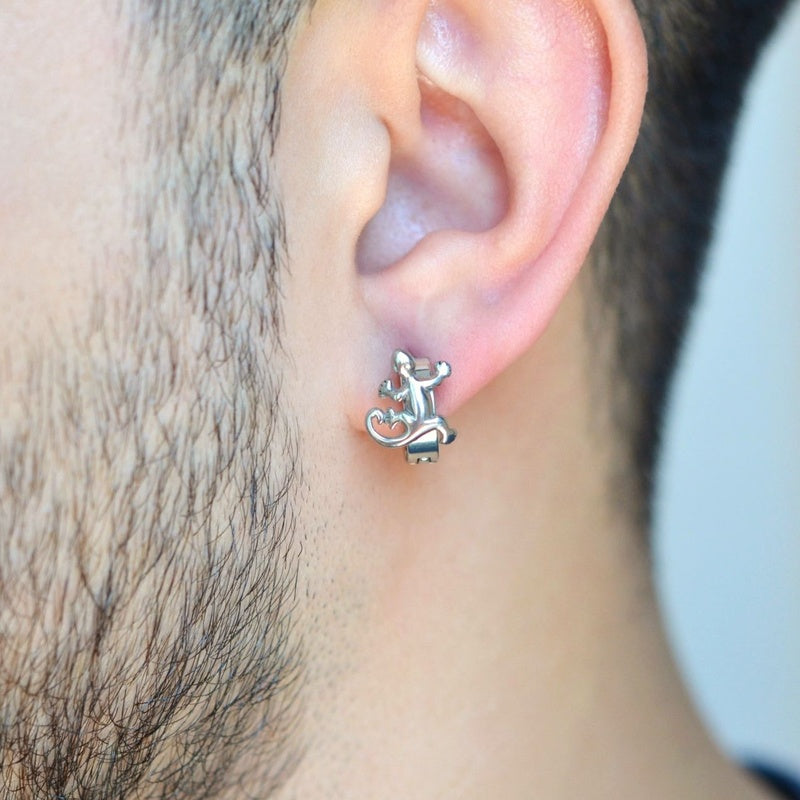Lizard Figure Hoop Dangle Mens Earring Mens Earrings Huggie Antique Thumb Vintage Silver