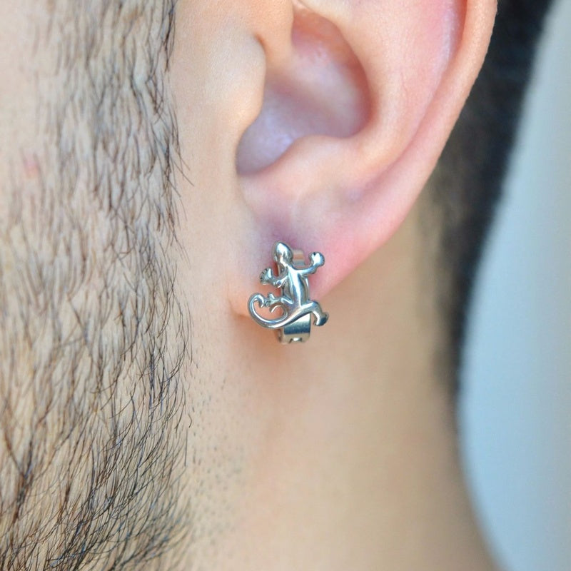 Lizard Figure Hoop Dangle Mens Earring Mens Earrings Huggie Antique Thumb Vintage Silver
