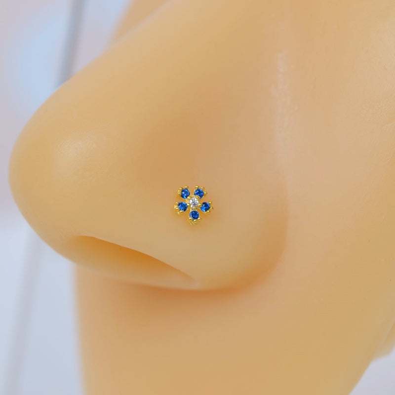 925 Sterling Silver  Flower Nose Stud Thin Tiny Nose Studs Nose Pin Nose Pins  Thin Tiny Stone Blue Navy Color