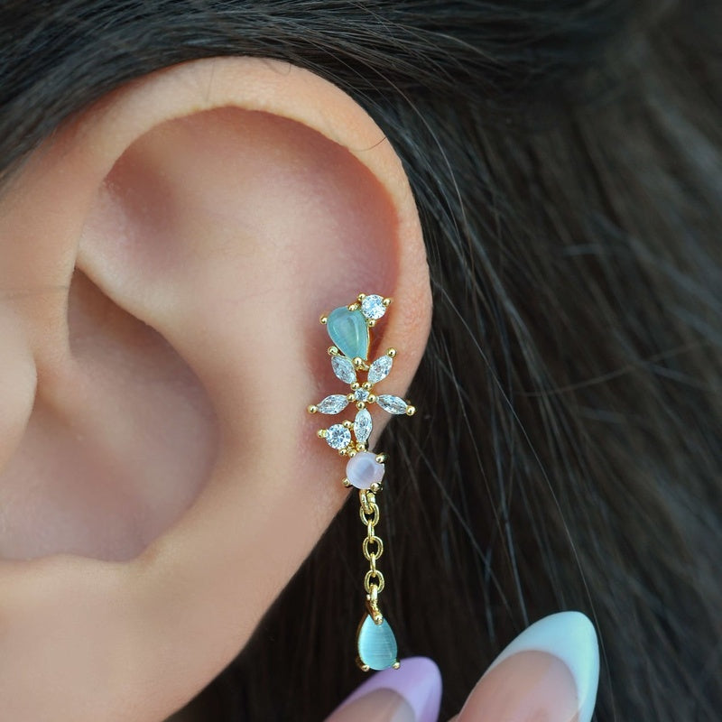 Water Green Stone Wobbly Helix Piercing Cartilage Earring Dangle Earrings Dangling Earrings Gift For Her Chain  Gold Silver