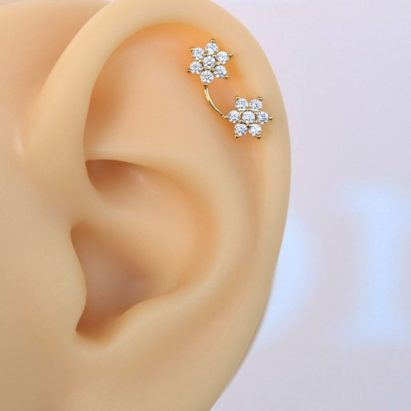 Twin  Flower Piercing Tragus Piercing Stud Earring Ear Stud Mini Colorful Helix Cartilage Flower Studs Gift For Her Gold Silver