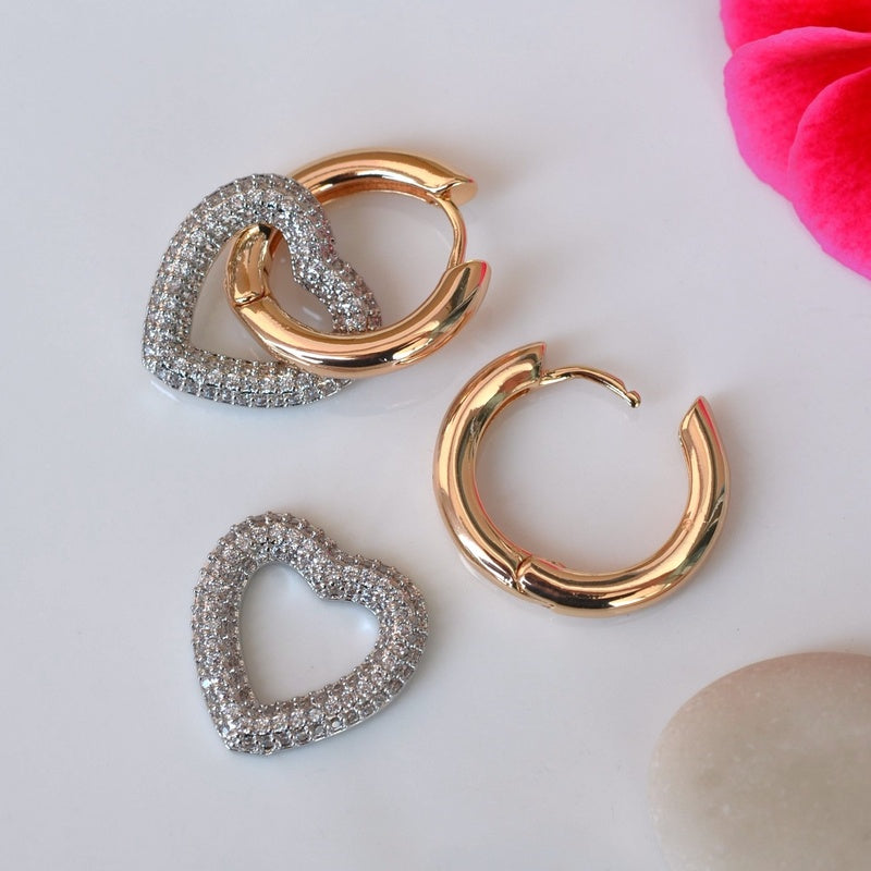 Heart Charm Curved Hoop Earrings Dangle Earrings Drop Earrings with Zircon Stone