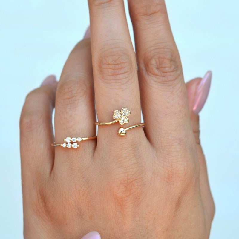 2 Of Set Ring Lucky Charm Minimalist Rings Adjustable Clover Zircon Ring Set  Gold and Silver