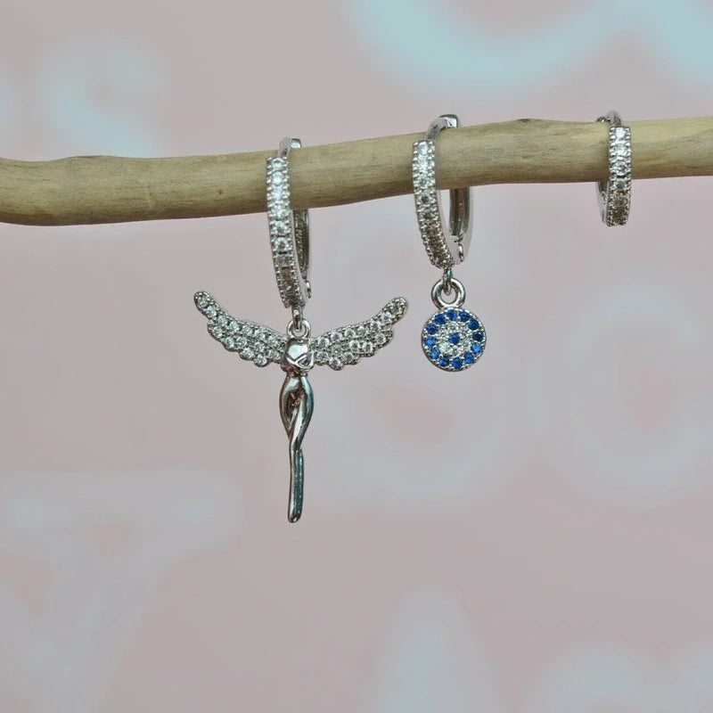 Angel Earrings Dangle Earrings Drop Earrings Evil Eye Earring  Set 3 Of Set Triple Set Earring Set Silver